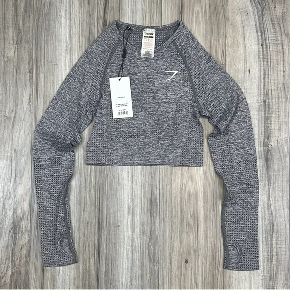 Gymshark Vital Seamless Crop Top Long Sleeve Smokey Grey Marl Women’s Size NWT - Picture 7 of 7